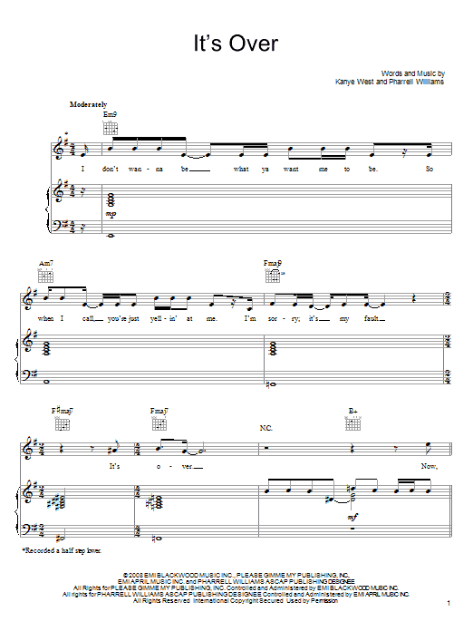 John Legend It's Over sheet music notes and chords arranged for Piano, Vocal & Guitar Chords (Right-Hand Melody)