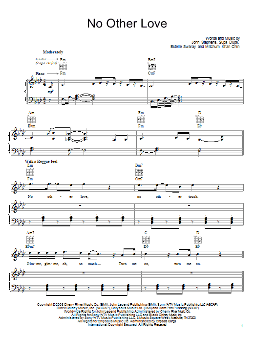 John Legend No Other Love sheet music notes and chords arranged for Piano, Vocal & Guitar Chords (Right-Hand Melody)