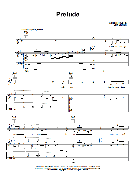 John Legend Prelude sheet music notes and chords arranged for Piano, Vocal & Guitar Chords (Right-Hand Melody)