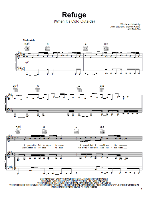 John Legend Refuge (When It's Cold Outside) sheet music notes and chords. Download Printable PDF.