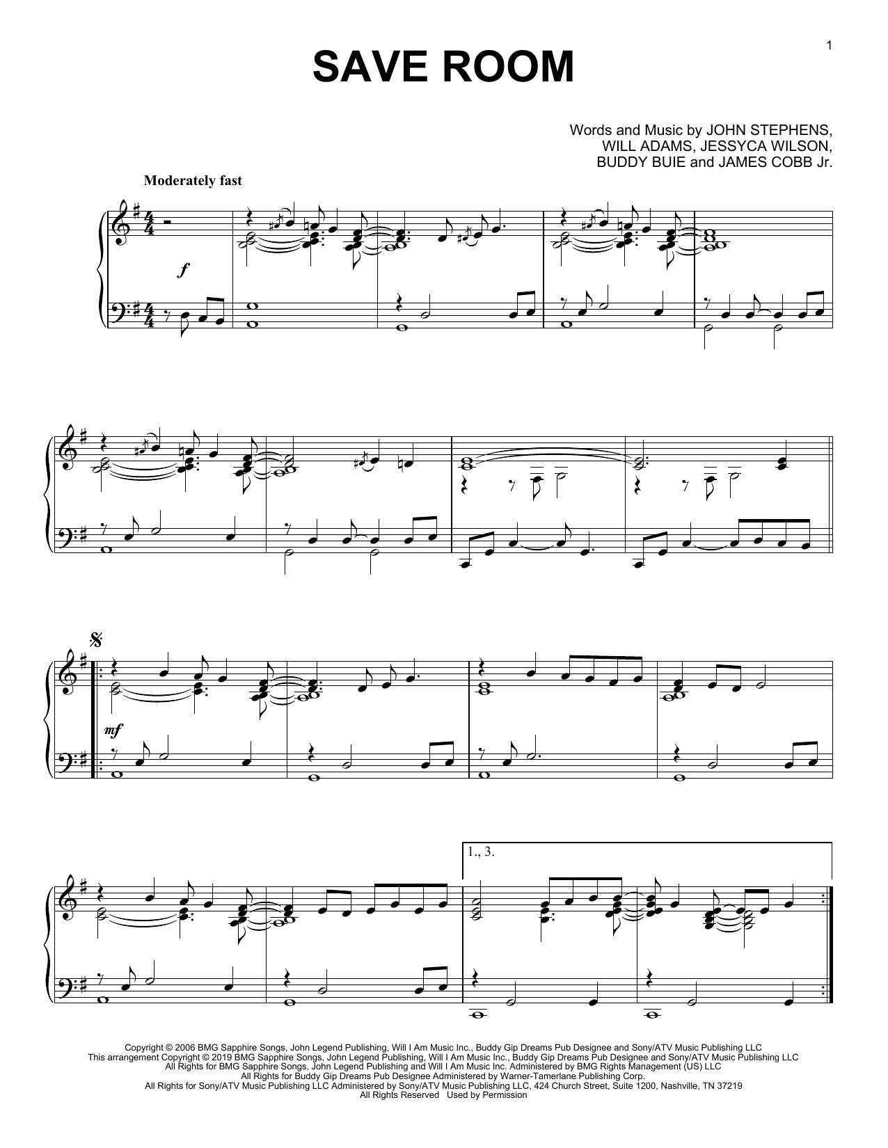 John Legend Save Room sheet music notes and chords. Download Printable PDF.