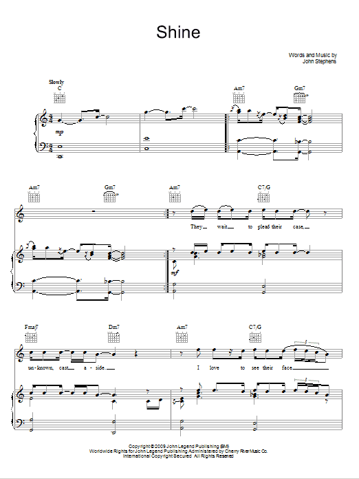 John Legend Shine sheet music notes and chords arranged for Piano, Vocal & Guitar Chords (Right-Hand Melody)