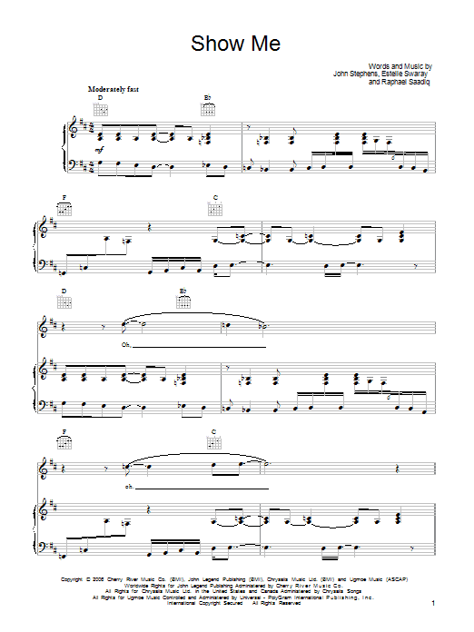 John Legend Show Me sheet music notes and chords arranged for Piano, Vocal & Guitar Chords (Right-Hand Melody)