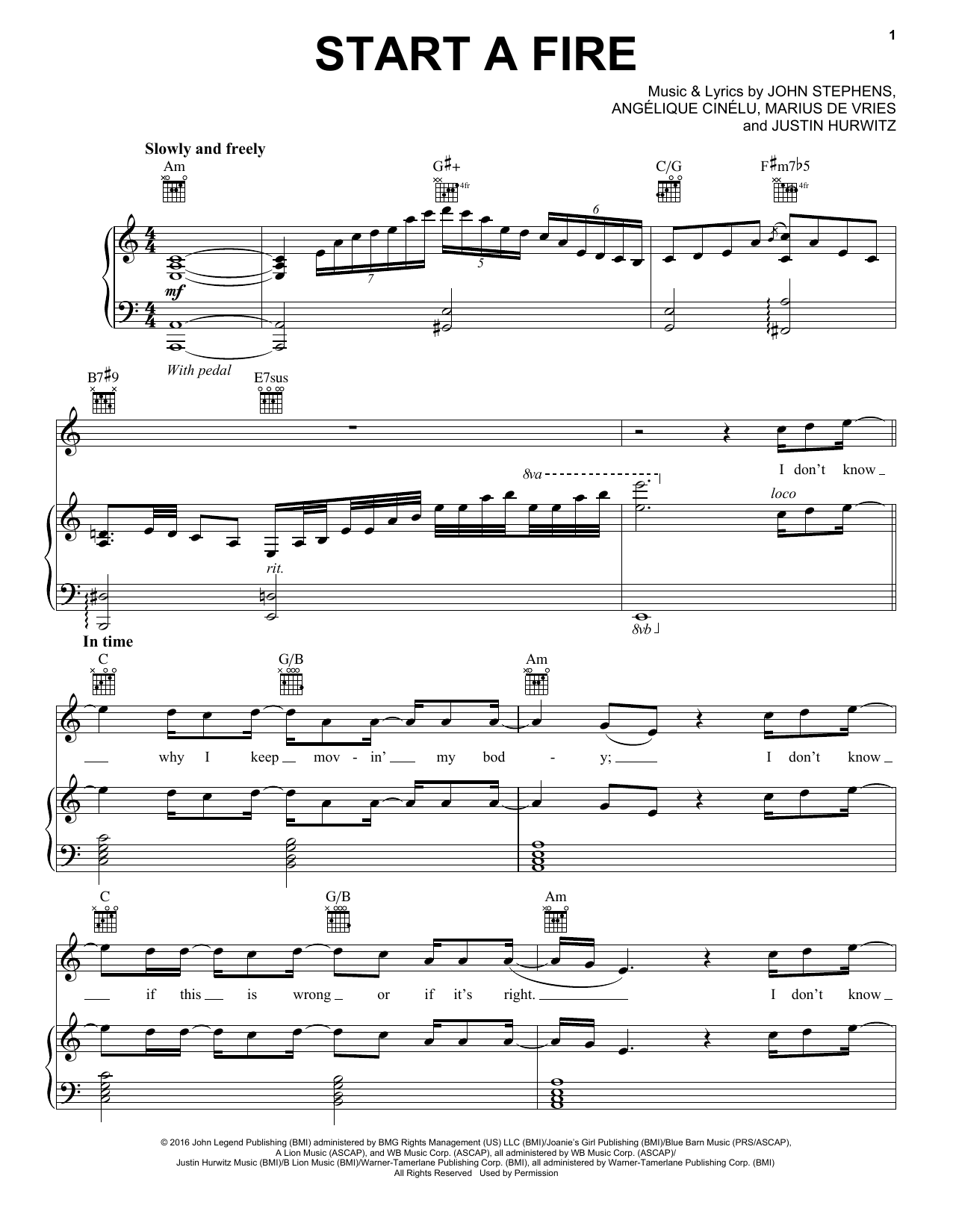 John Legend Start A Fire (from La La Land) sheet music notes and chords. Download Printable PDF.