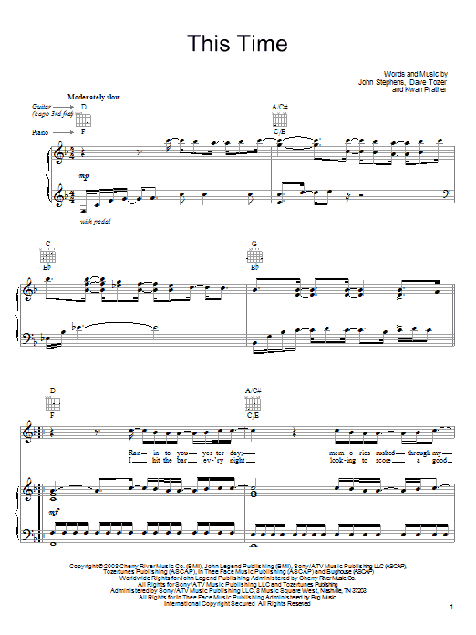 John Legend This Time sheet music notes and chords arranged for Piano, Vocal & Guitar Chords (Right-Hand Melody)