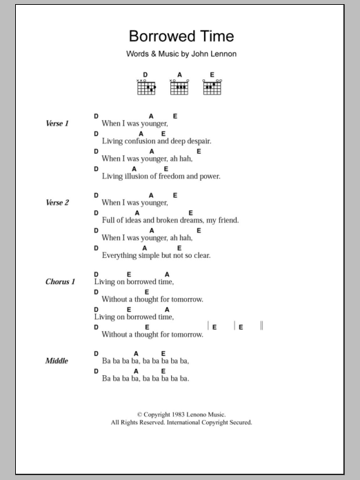 John Lennon Borrowed Time sheet music notes and chords arranged for Piano, Vocal & Guitar Chords