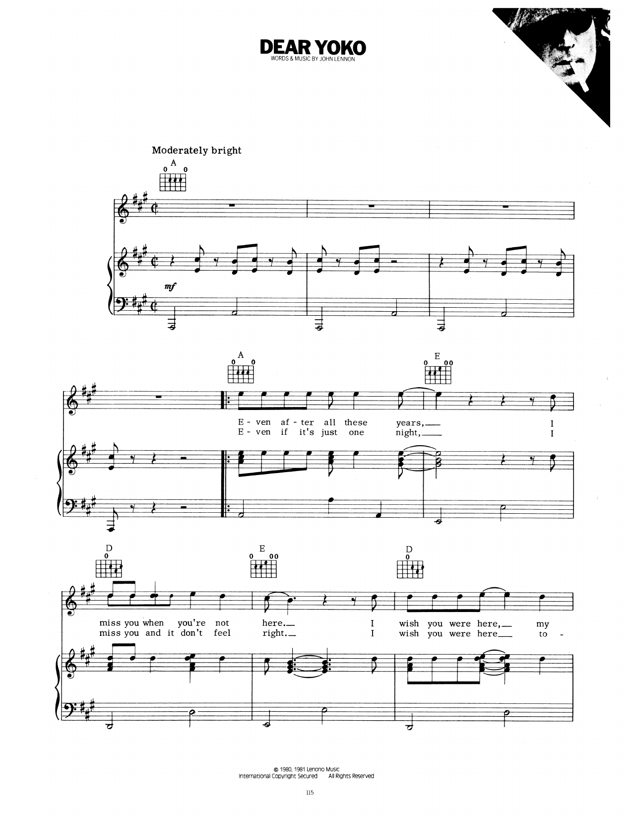 John Lennon Dear Yoko sheet music notes and chords arranged for Piano, Vocal & Guitar Chords (Right-Hand Melody)