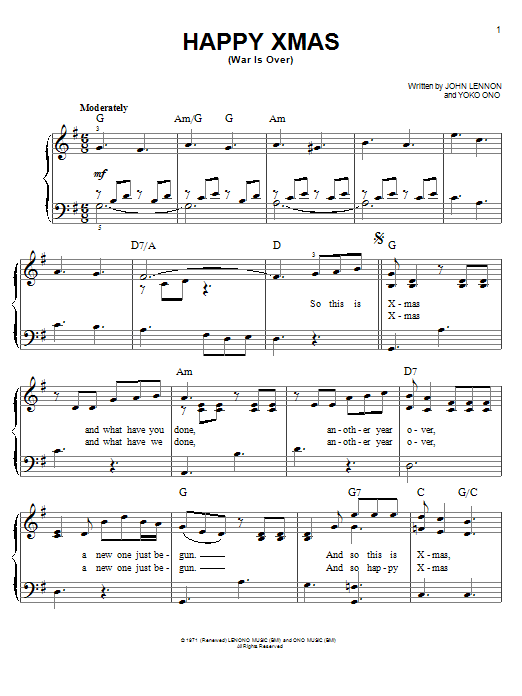 John Lennon Happy Xmas (War Is Over) sheet music notes and chords. Download Printable PDF.