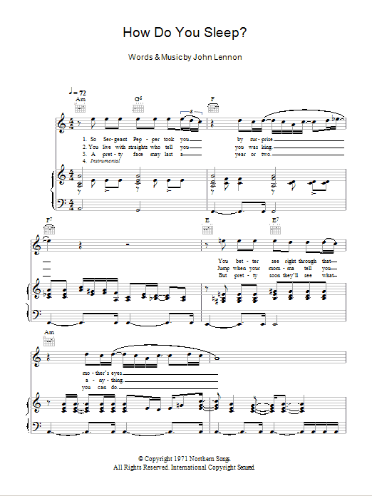 Learn to play John Lennon How Do You Sleep? sheet music for Piano, Vocal & Guitar Chords in minutes. Price: 7.8900$ John Lennon How Do You Sleep? sheet music notes and chords arranged for Piano, Vocal & Guitar Chords