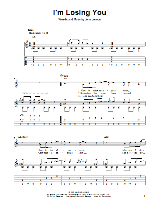 John Lennon I'm Losing You sheet music notes and chords. Download Printable PDF.