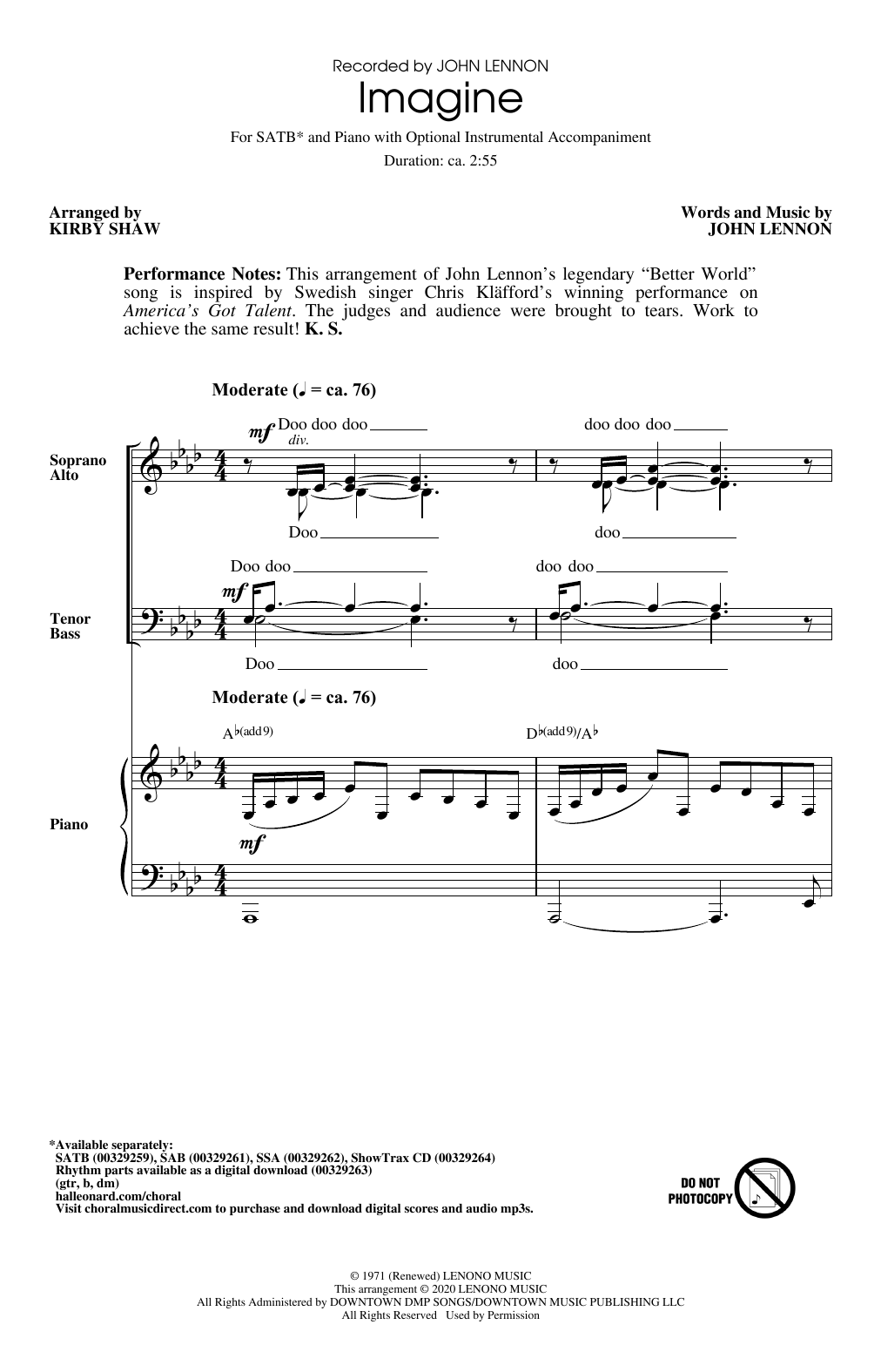 John Lennon Imagine (arr. Kirby Shaw) sheet music notes and chords. Download Printable PDF.