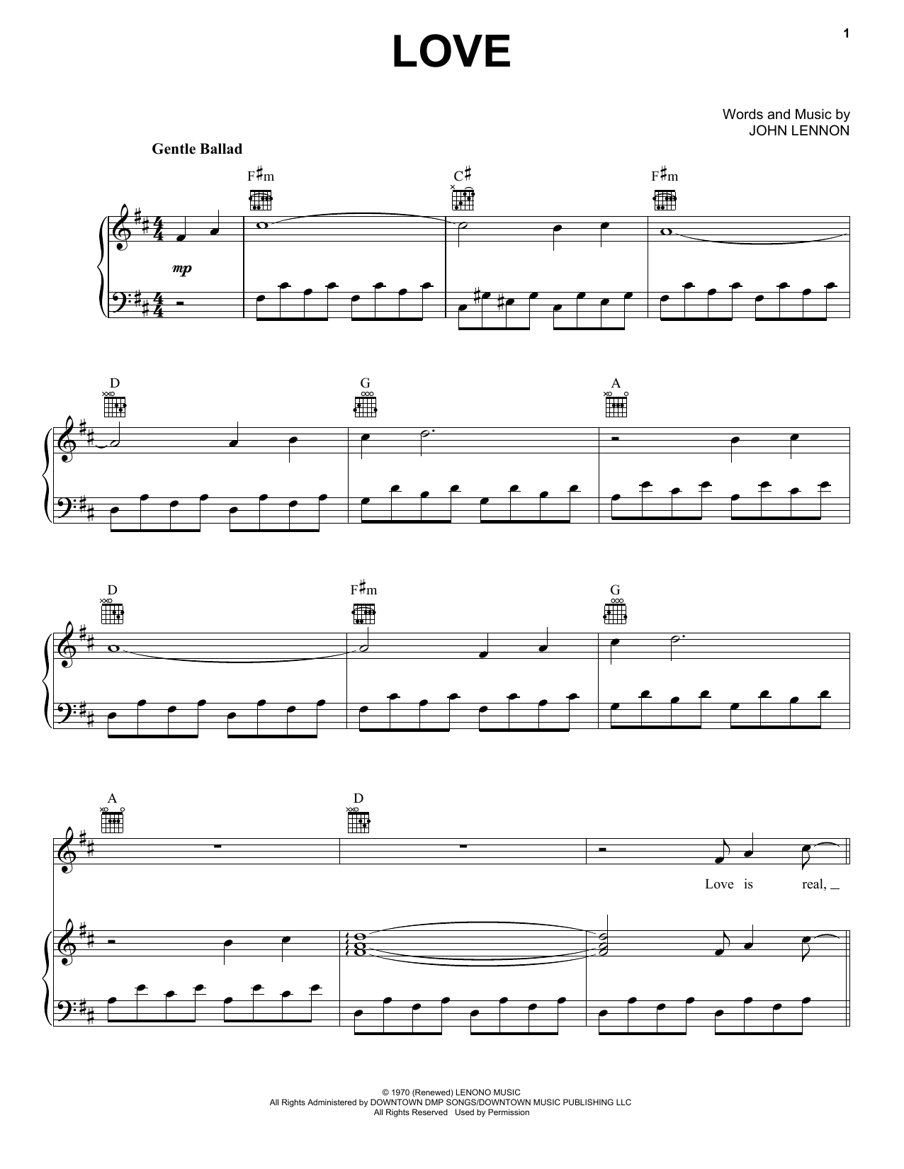 John Lennon Love sheet music notes and chords. Download Printable PDF.