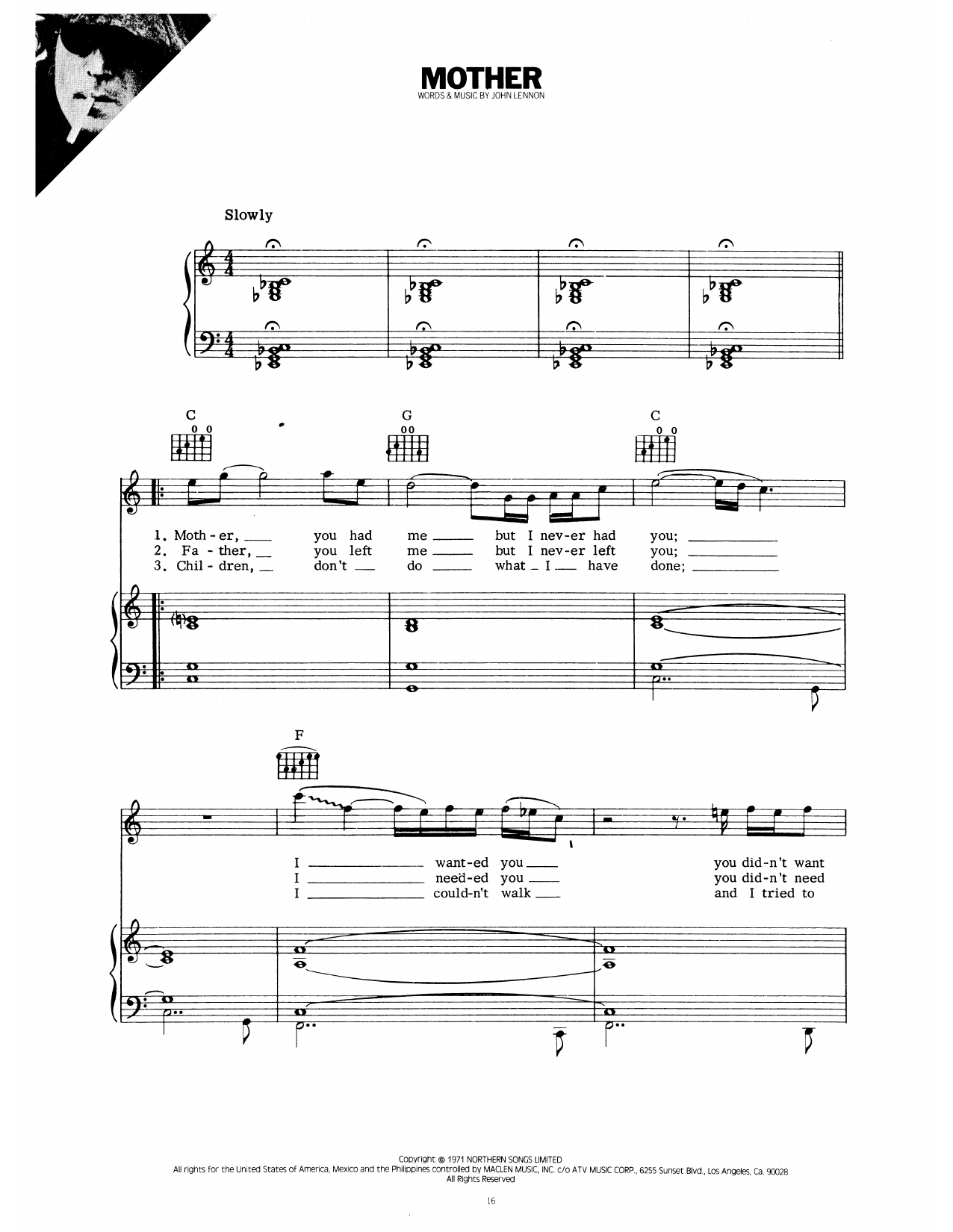 John Lennon Mother sheet music notes and chords. Download Printable PDF.