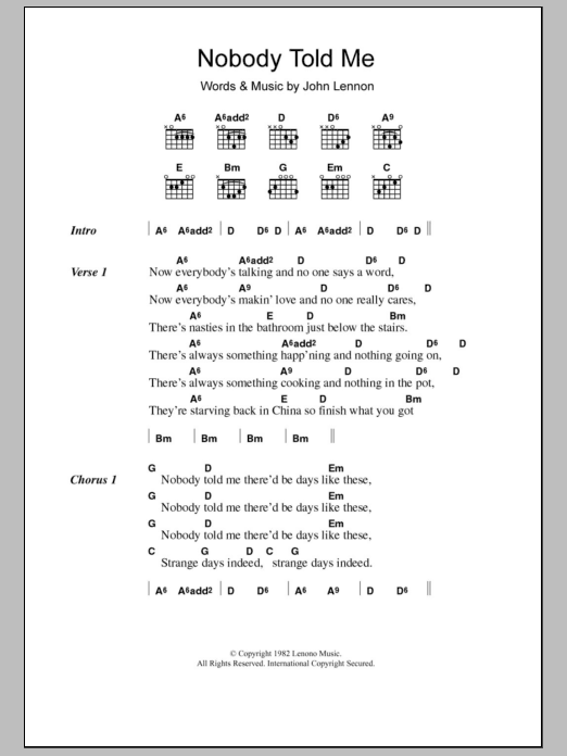 John Lennon Nobody Told Me sheet music notes and chords. Download Printable PDF.