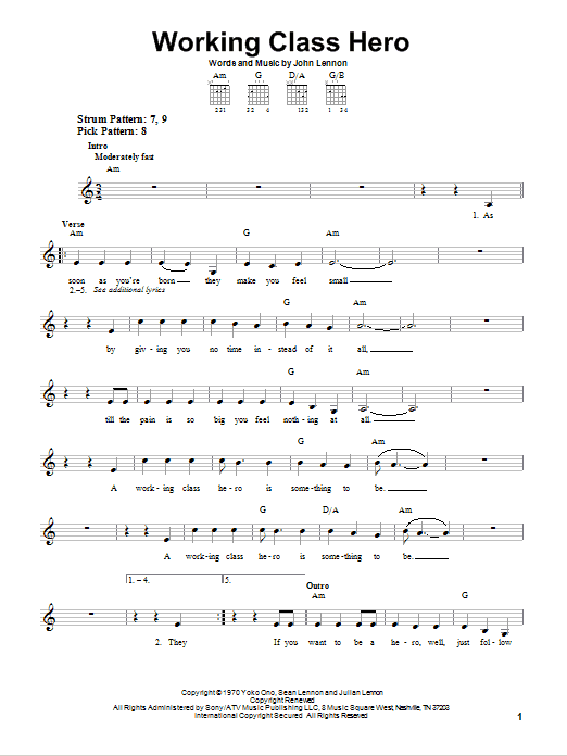 John Lennon Working Class Hero sheet music notes and chords. Download Printable PDF.