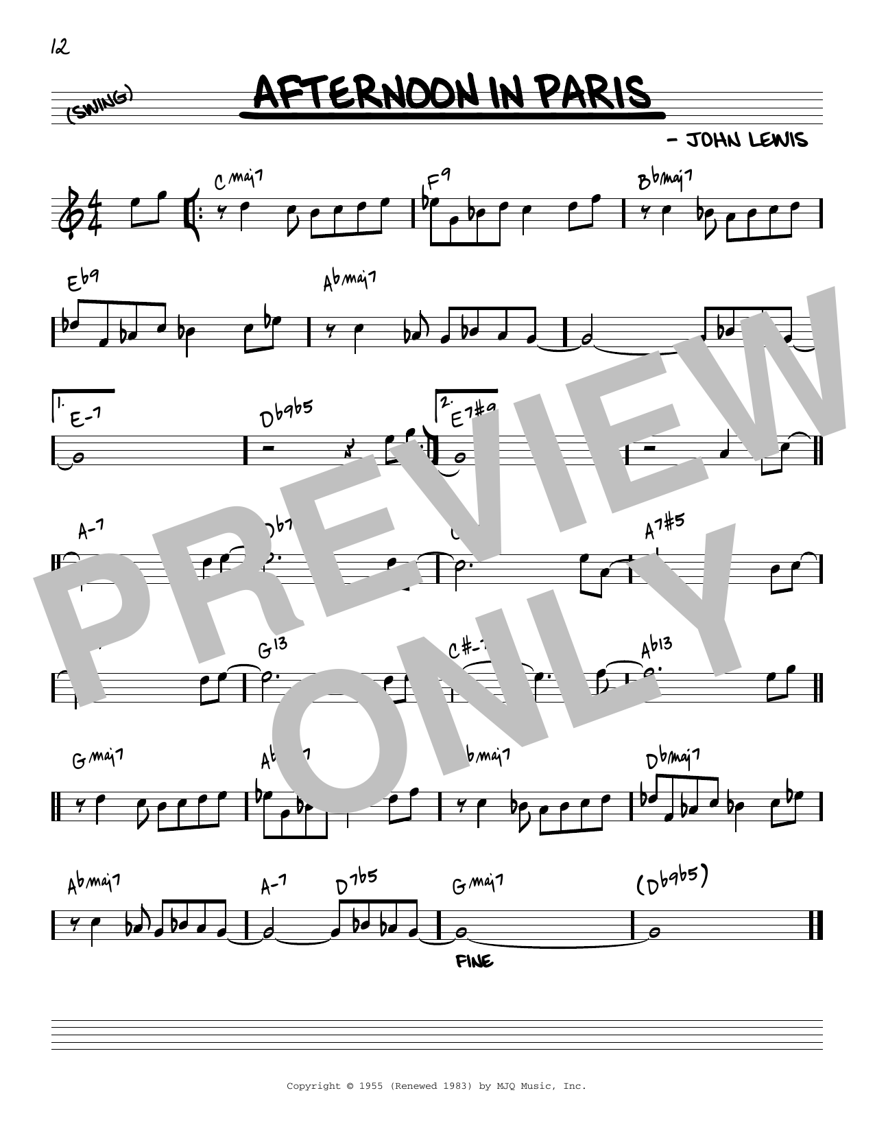 John Lewis Afternoon In Paris [Reharmonized version] (arr. Jack Grassel) sheet music notes and chords arranged for Real Book – Melody & Chords