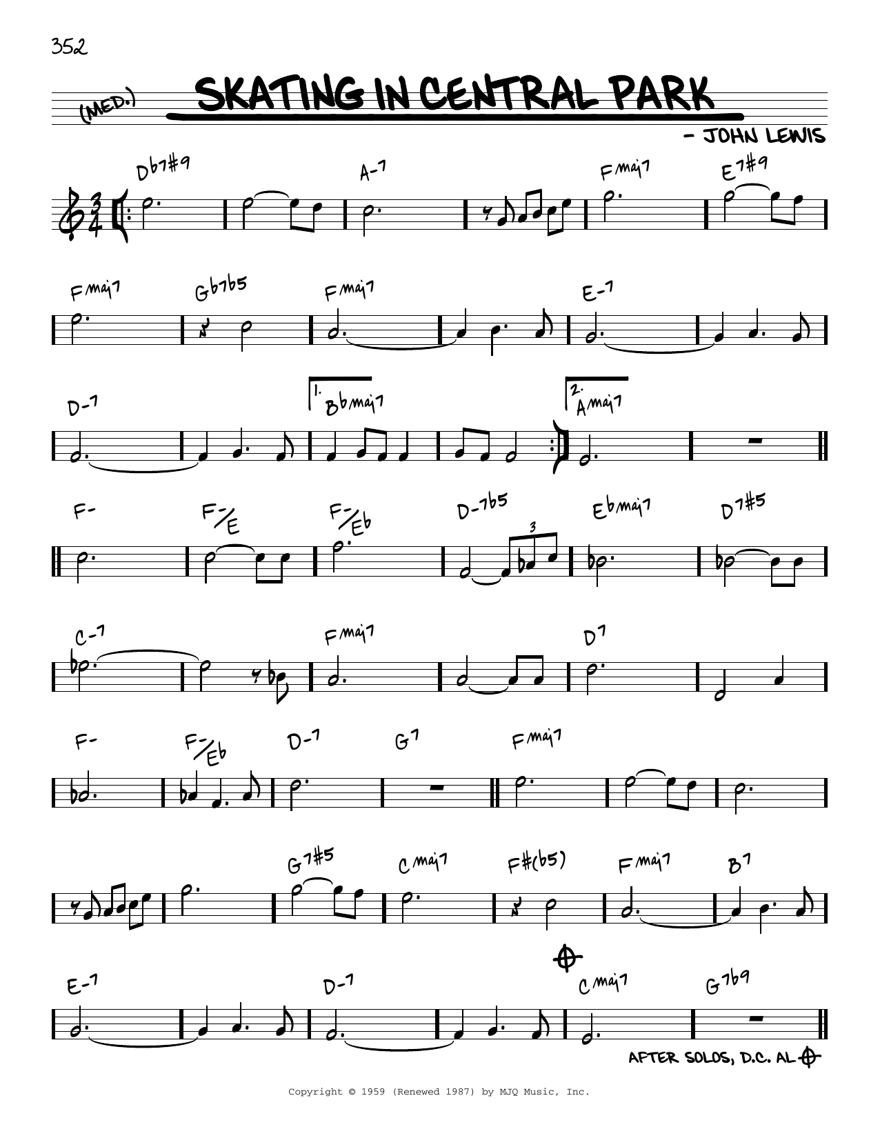 John Lewis Skating In Central Park [Reharmonized version] (arr. Jack Grassel) sheet music notes and chords arranged for Real Book – Melody & Chords