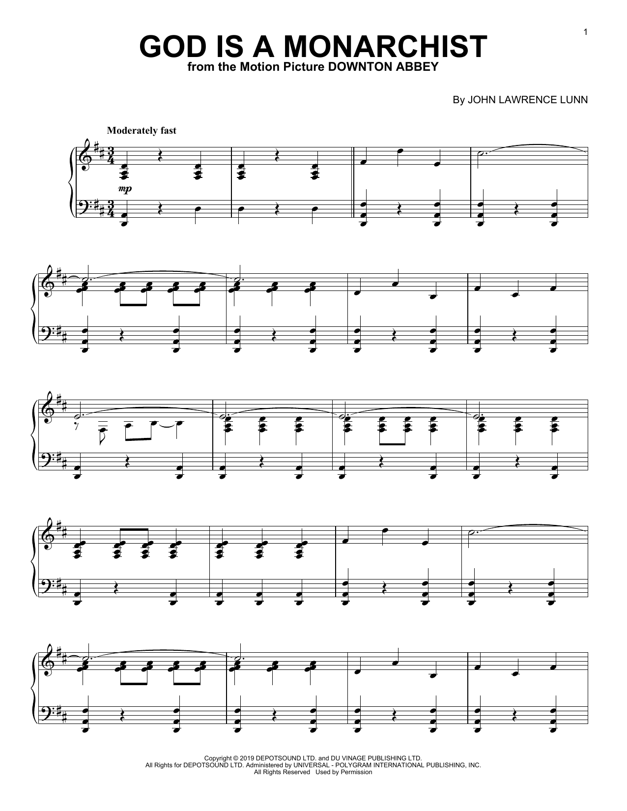 Learn to play John Lunn God Is A Monarchist (from the Motion Picture Downton Abbey) sheet music for Piano Solo in minutes. Price: 7.8900$ John Lunn God Is A Monarchist (from the Motion Picture Downton Abbey) sheet music notes and chords arranged for Piano Solo