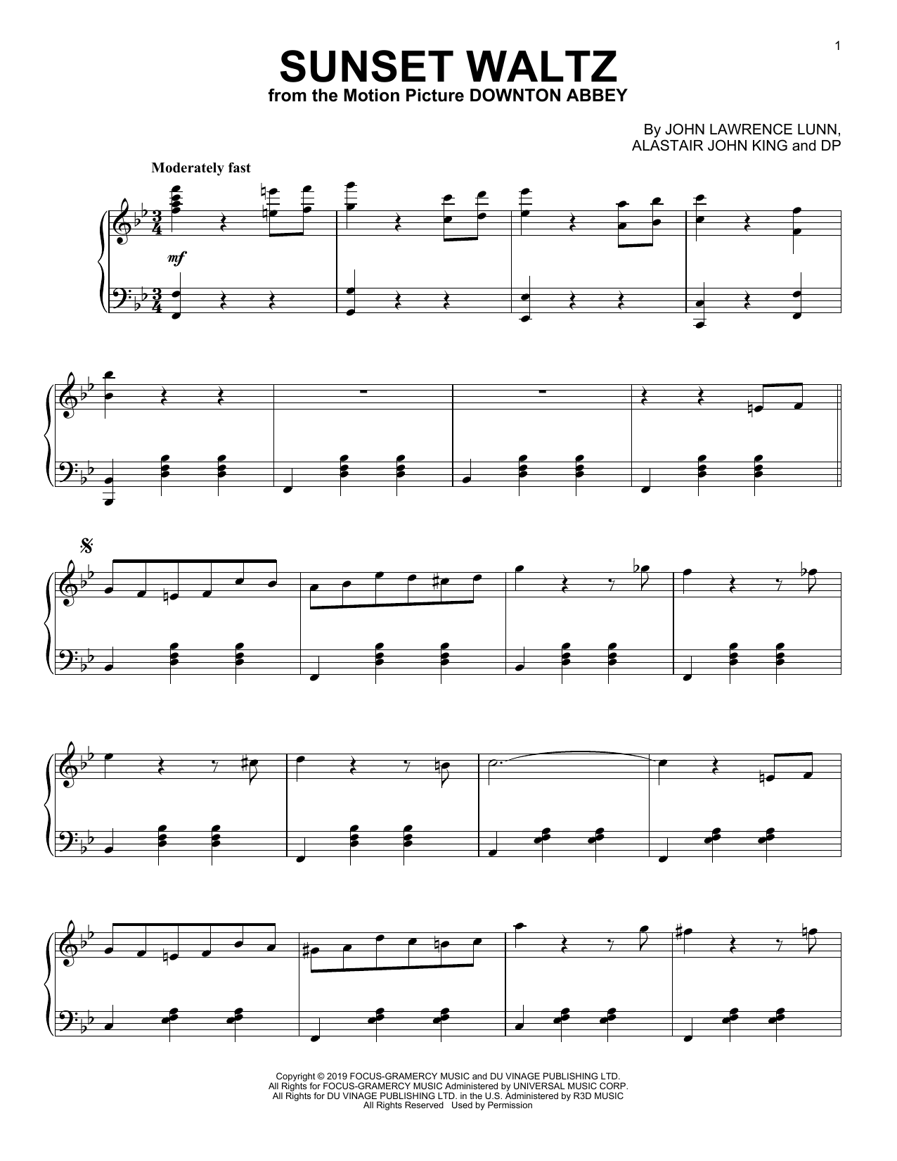 John Lunn Sunset Waltz (from the Motion Picture Downton Abbey) sheet music notes and chords. Download Printable PDF.