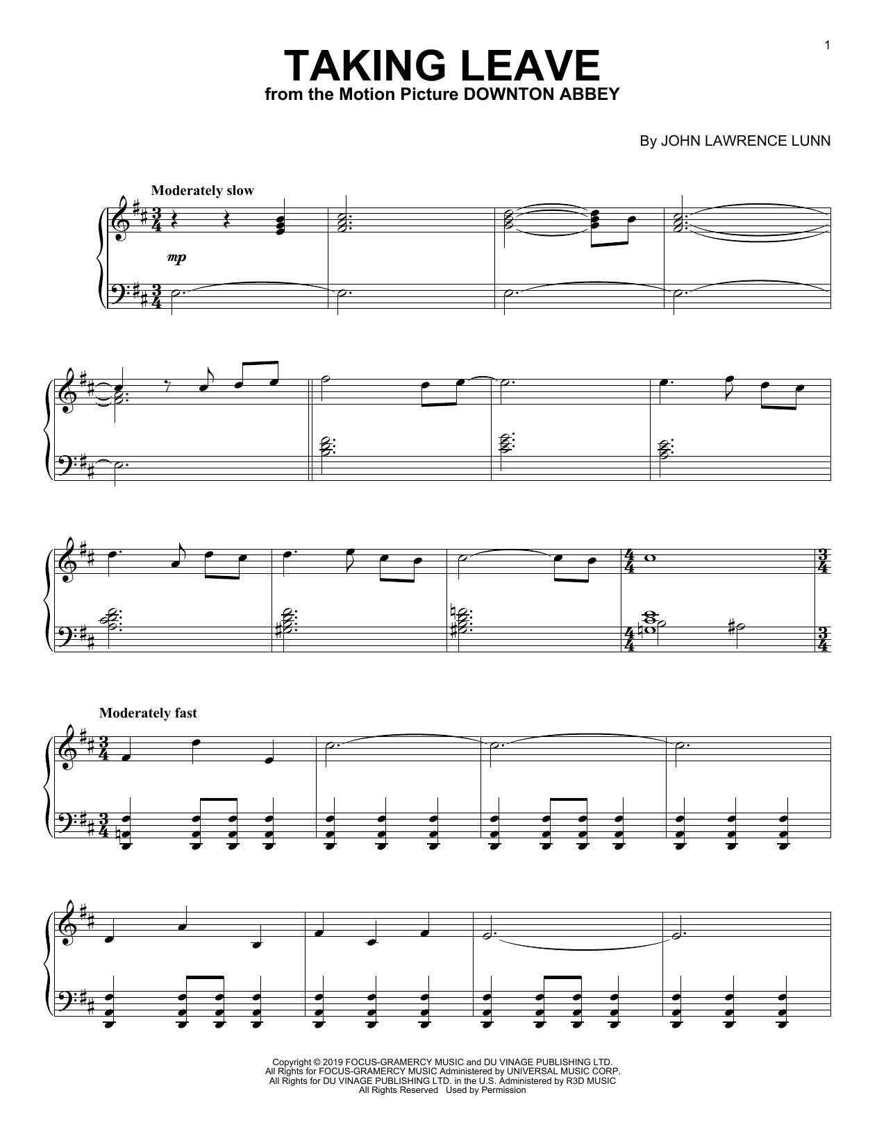 Learn to play John Lunn Taking Leave (from the Motion Picture Downton Abbey) sheet music for Piano Solo in minutes. Price: 7.8900$ John Lunn Taking Leave (from the Motion Picture Downton Abbey) sheet music notes and chords arranged for Piano Solo