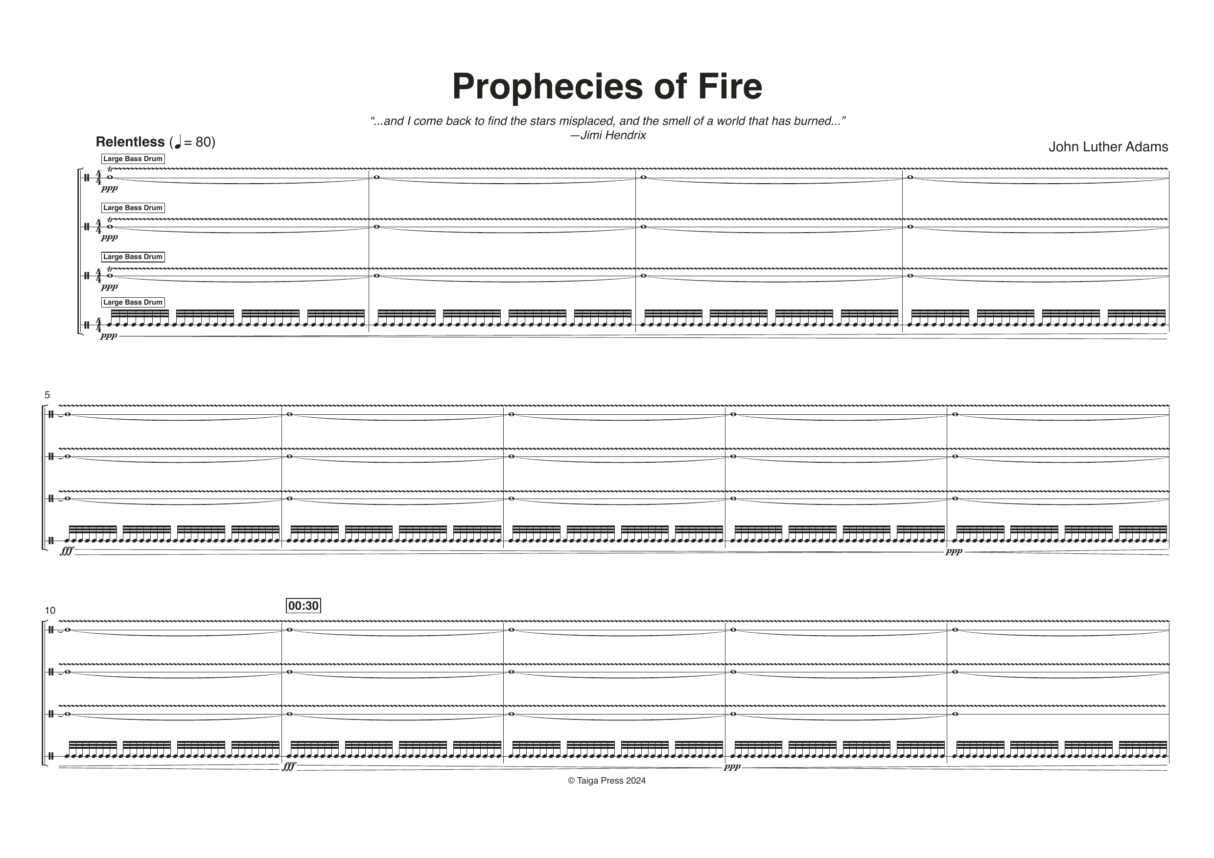 Learn to play John Luther Adams Prophecies of Fire (Score) sheet music for Percussion Ensemble in minutes. Price: 59.9900$ John Luther Adams Prophecies of Fire (Score) sheet music notes and chords arranged for Percussion Ensemble