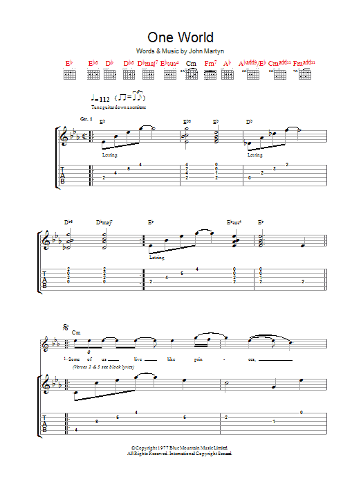 Learn to play John Martyn One World sheet music for Guitar Tab in minutes. Price: 7.8900$ John Martyn One World sheet music notes and chords arranged for Guitar Tab
