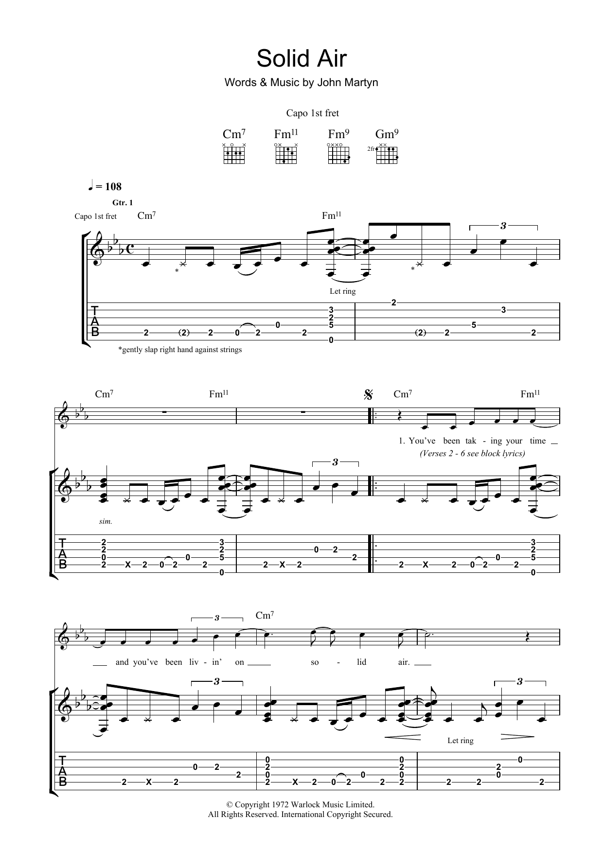 John Martyn Solid Air sheet music notes and chords. Download Printable PDF.