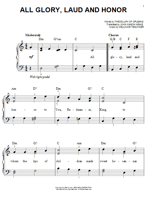 John Mason Neale All Glory, Laud And Honor sheet music notes and chords. Download Printable PDF.