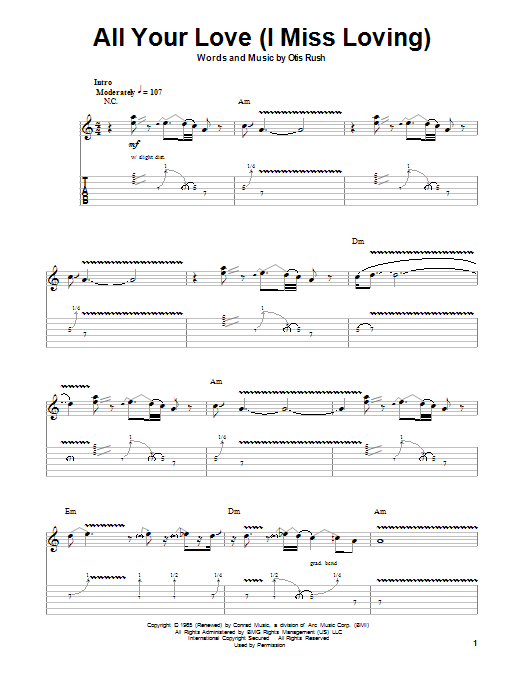 John Mayall's Bluesbreakers All Your Love (I Miss Loving) sheet music notes and chords. Download Printable PDF.