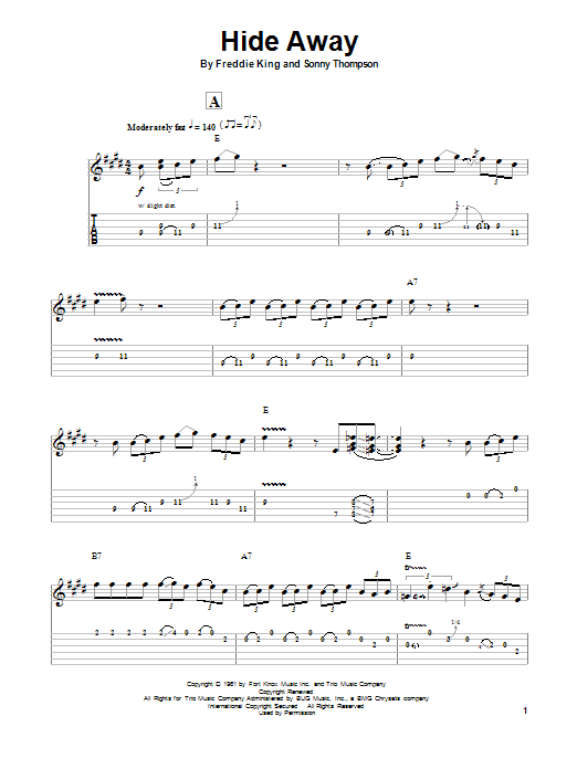 John Mayall's Bluesbreakers Hide Away sheet music notes and chords. Download Printable PDF.