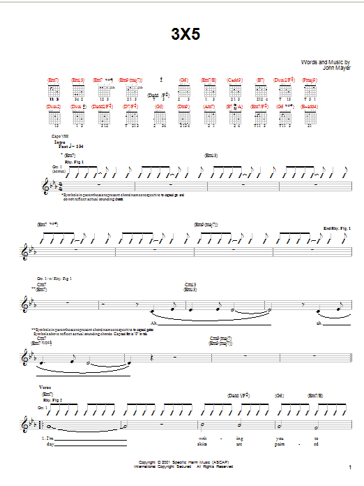 John Mayer 3X5 sheet music notes and chords. Download Printable PDF.