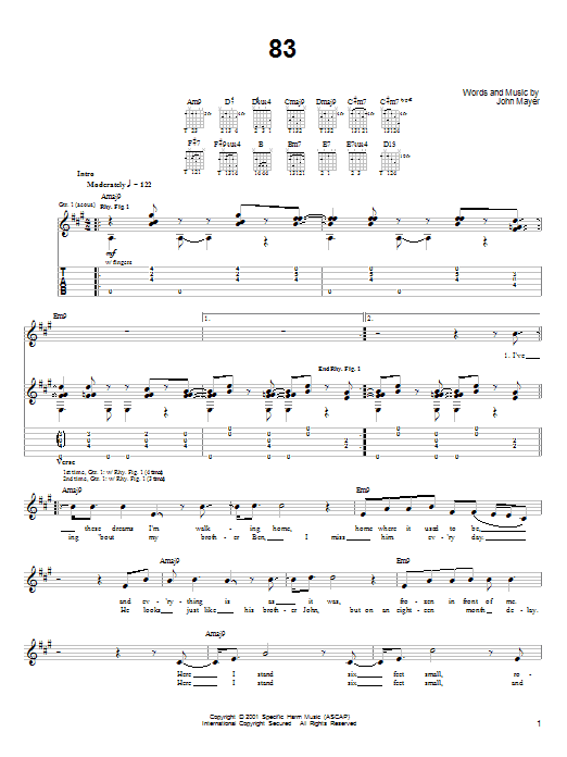 John Mayer 83 sheet music notes and chords. Download Printable PDF.