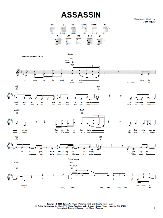 John Mayer Assassin sheet music notes and chords. Download Printable PDF.