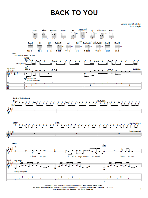 John Mayer Back To You sheet music notes and chords. Download Printable PDF.