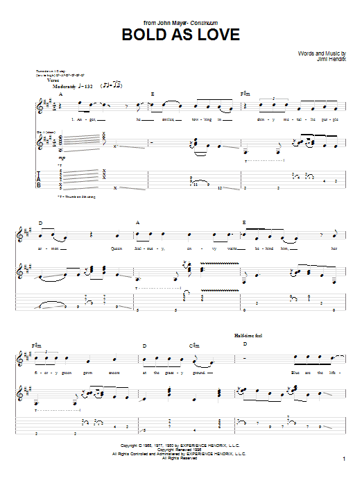 John Mayer Bold As Love sheet music notes and chords. Download Printable PDF.