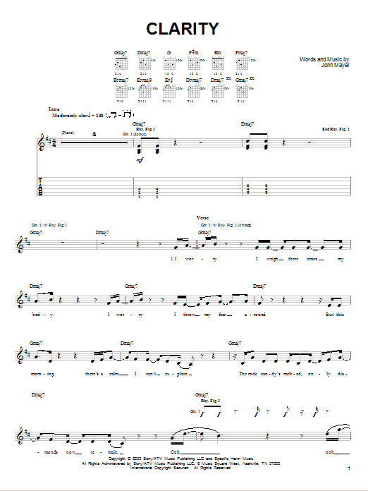 John Mayer Clarity sheet music notes and chords. Download Printable PDF.