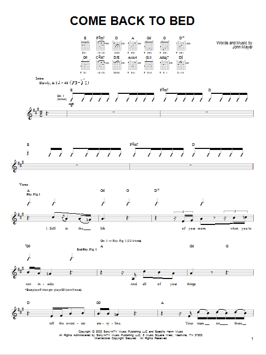 John Mayer Come Back To Bed sheet music notes and chords. Download Printable PDF.