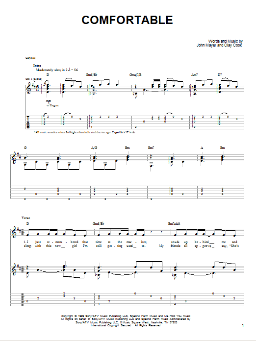 John Mayer Comfortable sheet music notes and chords. Download Printable PDF.