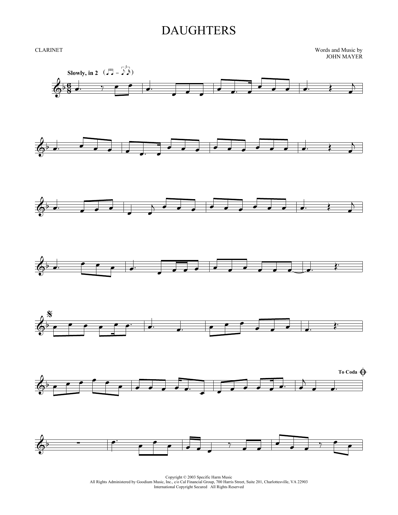 John Mayer Daughters sheet music notes and chords. Download Printable PDF.