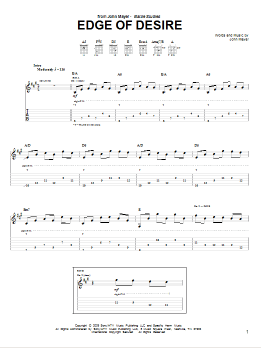 Learn to play John Mayer Edge Of Desire sheet music for Guitar Tab in minutes. Price: 7.8900$ John Mayer Edge Of Desire sheet music notes and chords arranged for Guitar Tab