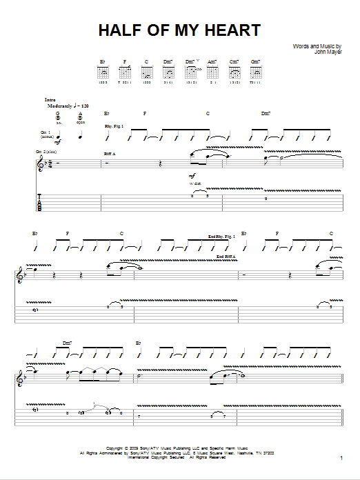 John Mayer Half Of My Heart (feat. Taylor Swift) sheet music notes and chords. Download Printable PDF.