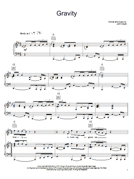 John Mayer Gravity sheet music notes and chords. Download Printable PDF.