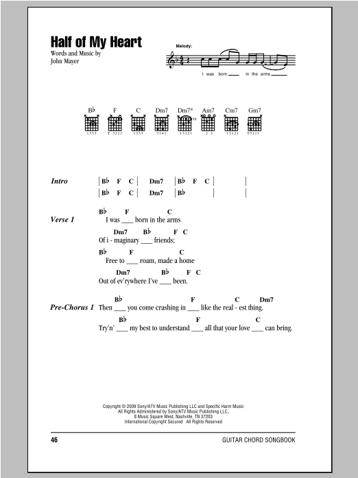 John Mayer Half Of My Heart sheet music notes and chords. Download Printable PDF.