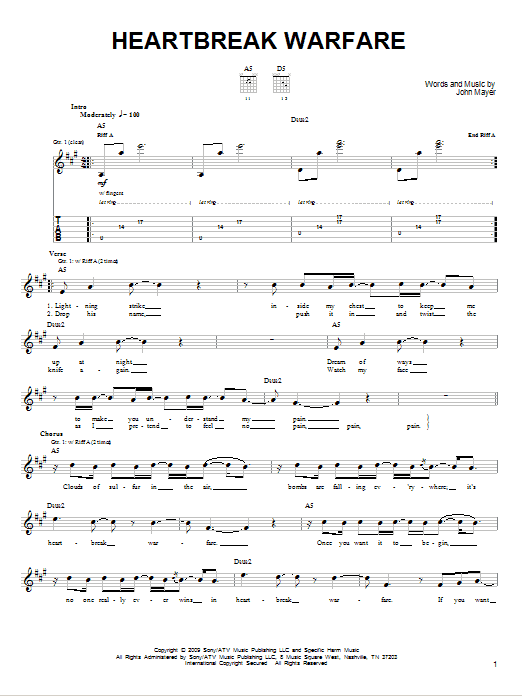 John Mayer Heartbreak Warfare sheet music notes and chords. Download Printable PDF.