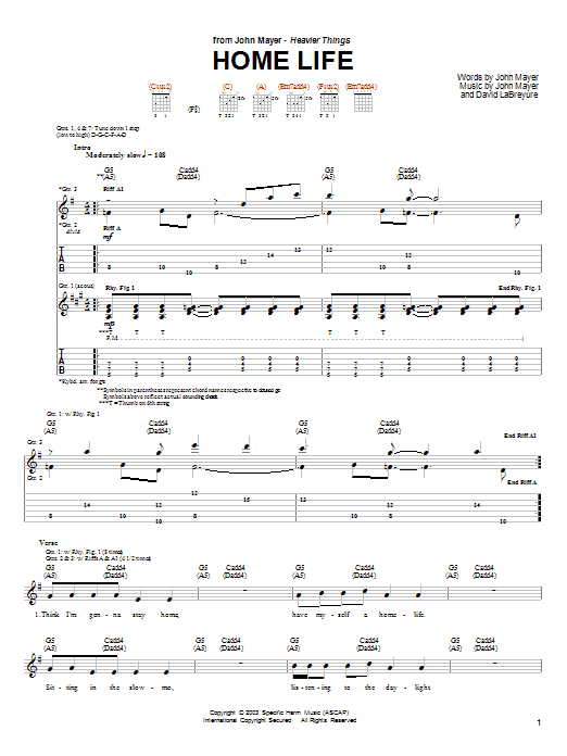 John Mayer Home Life sheet music notes and chords. Download Printable PDF.