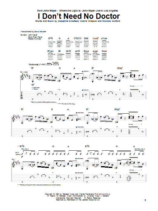 John Mayer I Don't Need No Doctor sheet music notes and chords. Download Printable PDF.