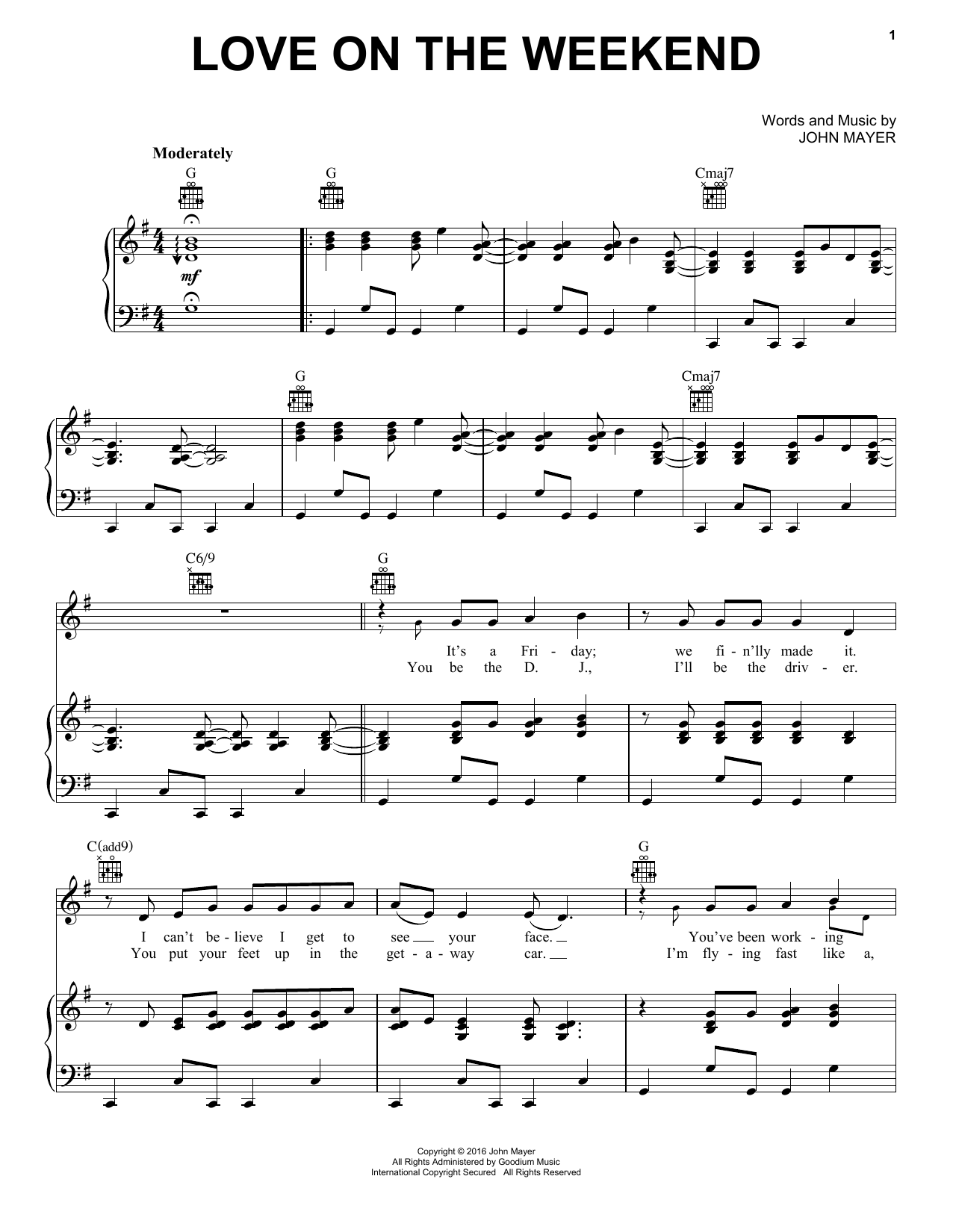 John Mayer Love On The Weekend sheet music notes and chords. Download Printable PDF.