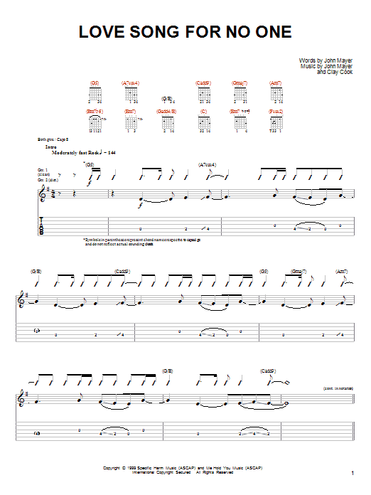 John Mayer Love Song For No One sheet music notes and chords. Download Printable PDF.