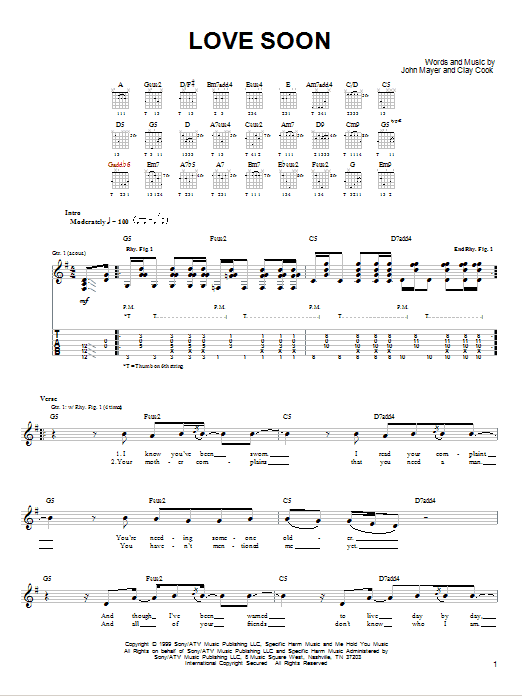 John Mayer Love Soon sheet music notes and chords. Download Printable PDF.