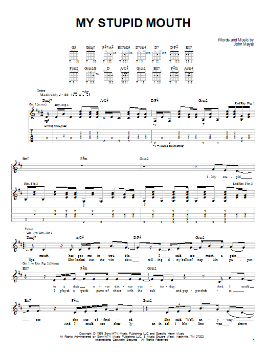 John Mayer My Stupid Mouth sheet music notes and chords. Download Printable PDF.